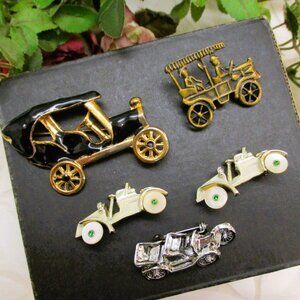 ANTIQUE CAR Mixed Material Brooch Lot ~ Five VINTAGE Early Automotive Pin Lot
